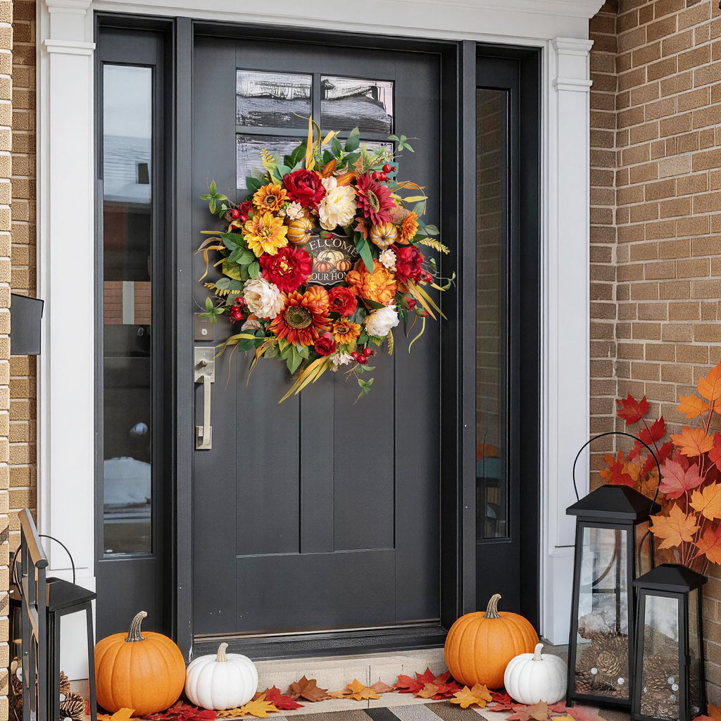 24 Inch Fall Wreath for Front Door, Rustic Harvest Autumn Wreath