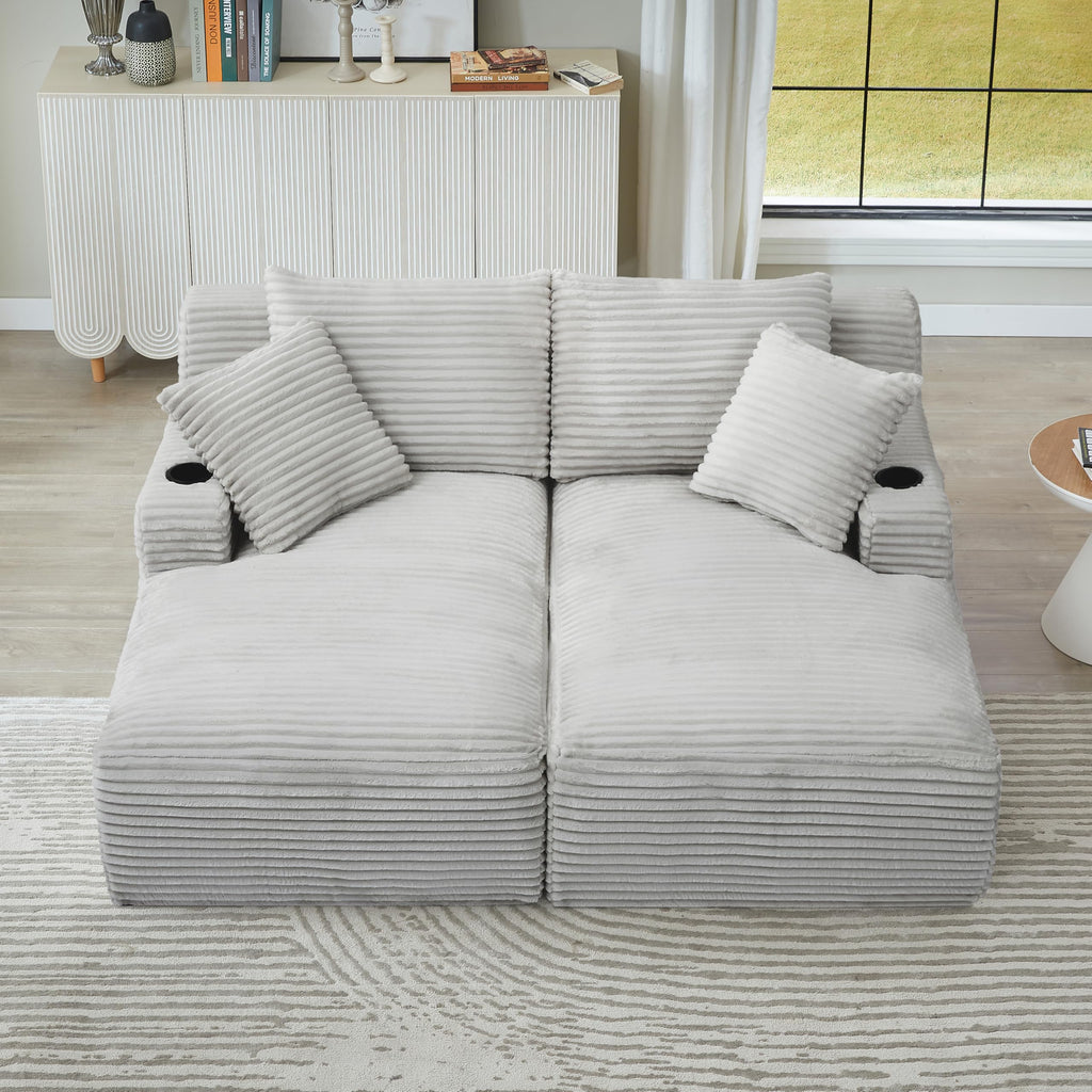Oversized Double Chaise Lounge Indoor with Cup Holders & Side Pocket, 71" Plush Corduroy Boneless Chaise Lounge Sofa