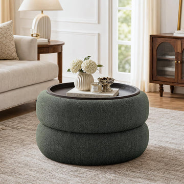 29.5" Round Boucle Storage Ottoman Coffee Table with Lift Off Lid (Green) | Upholstered Modern Ottoman with Storage