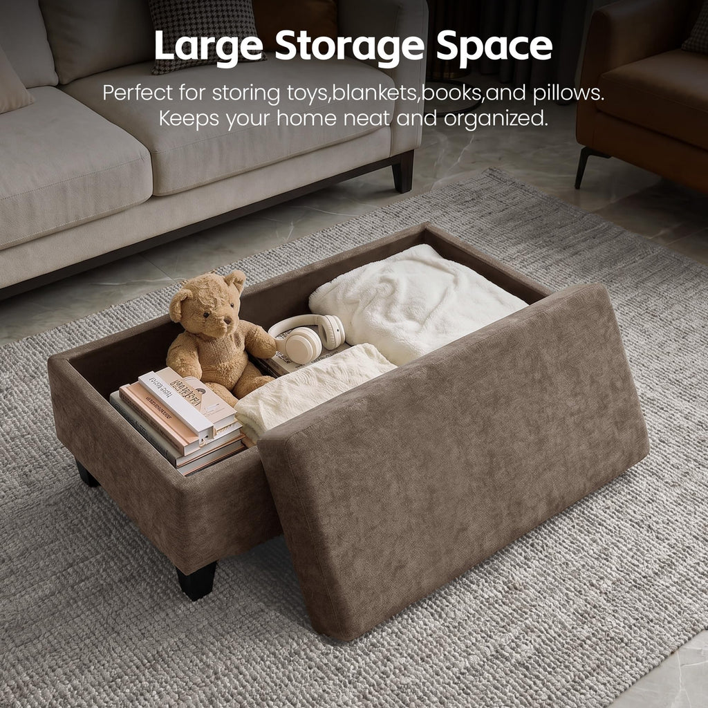 45" Ottoman Coffee Table with Storage, Reversible Wooden Tray Top, Large Storage Ottoman Bench, Chenille Upholstered