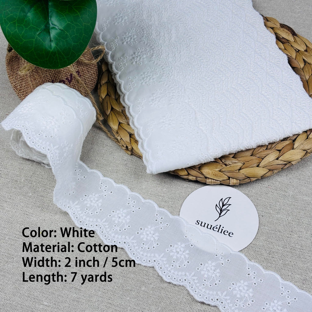 White Cotton Eyelet Lace Ribbon, Floral Embroidery Lace Trim with Wavy Scalloped Edge, Vintage Lace Sewing Trim for