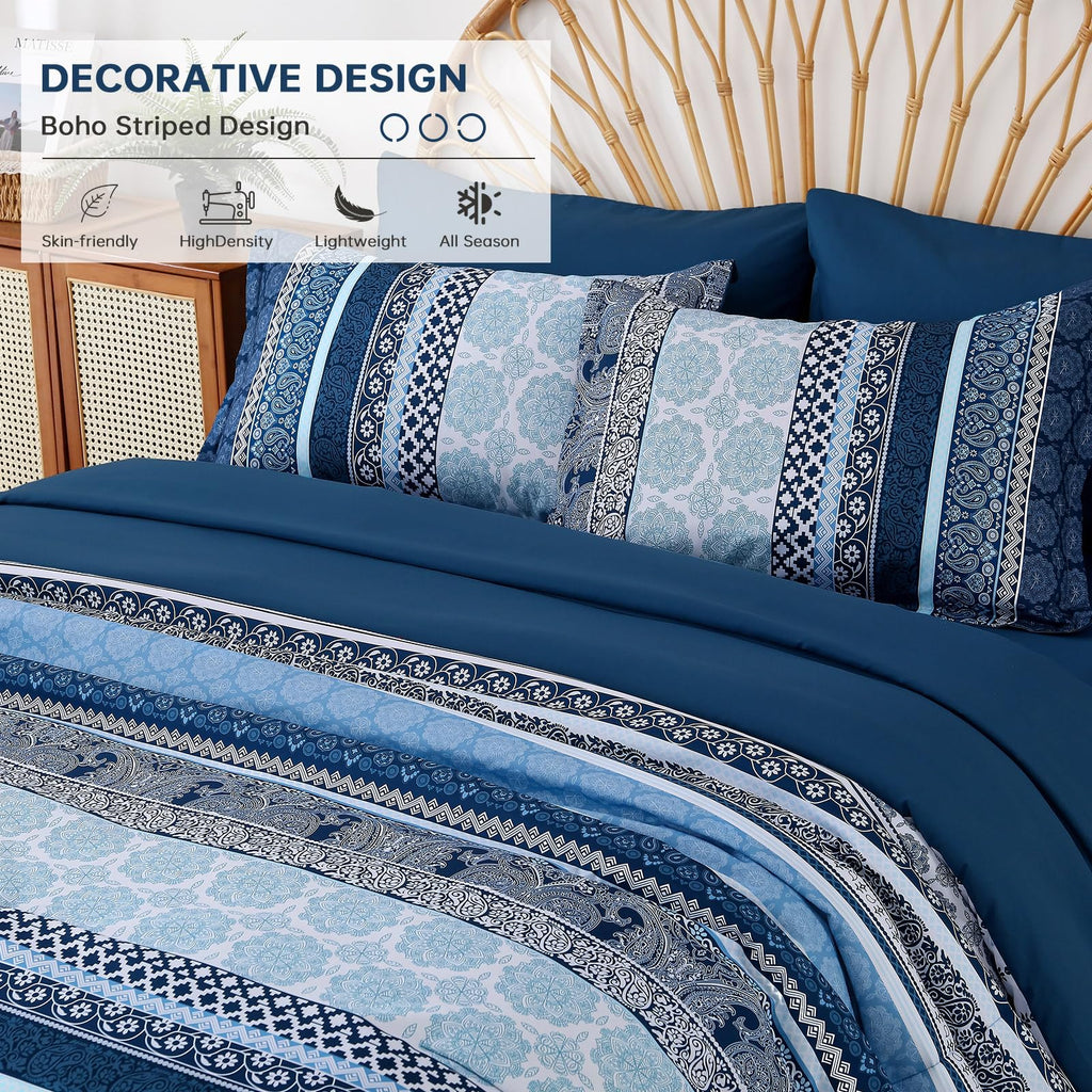 Boho Comforter Set, Navy Blue Striped Bed in a Bag