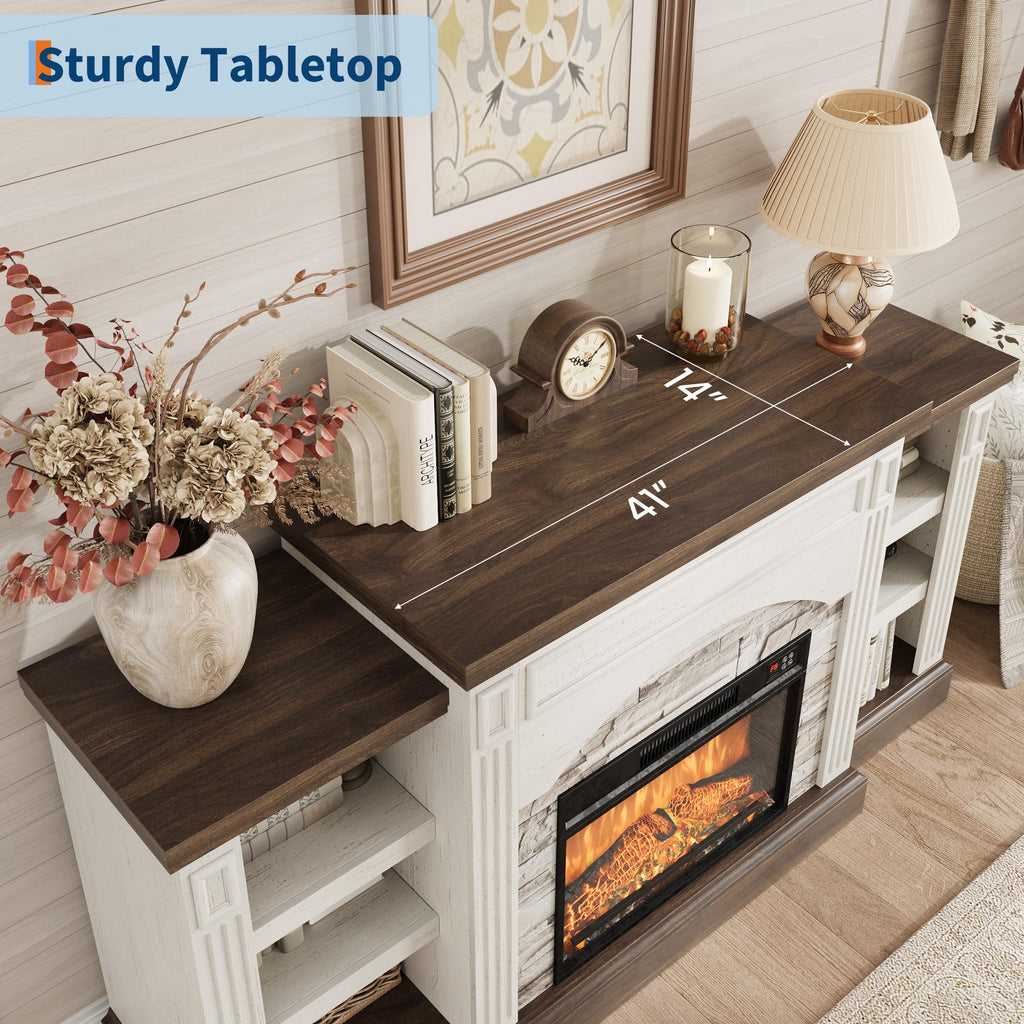 70" Farmhouse Electric Fireplace with Mantel, White and Brown