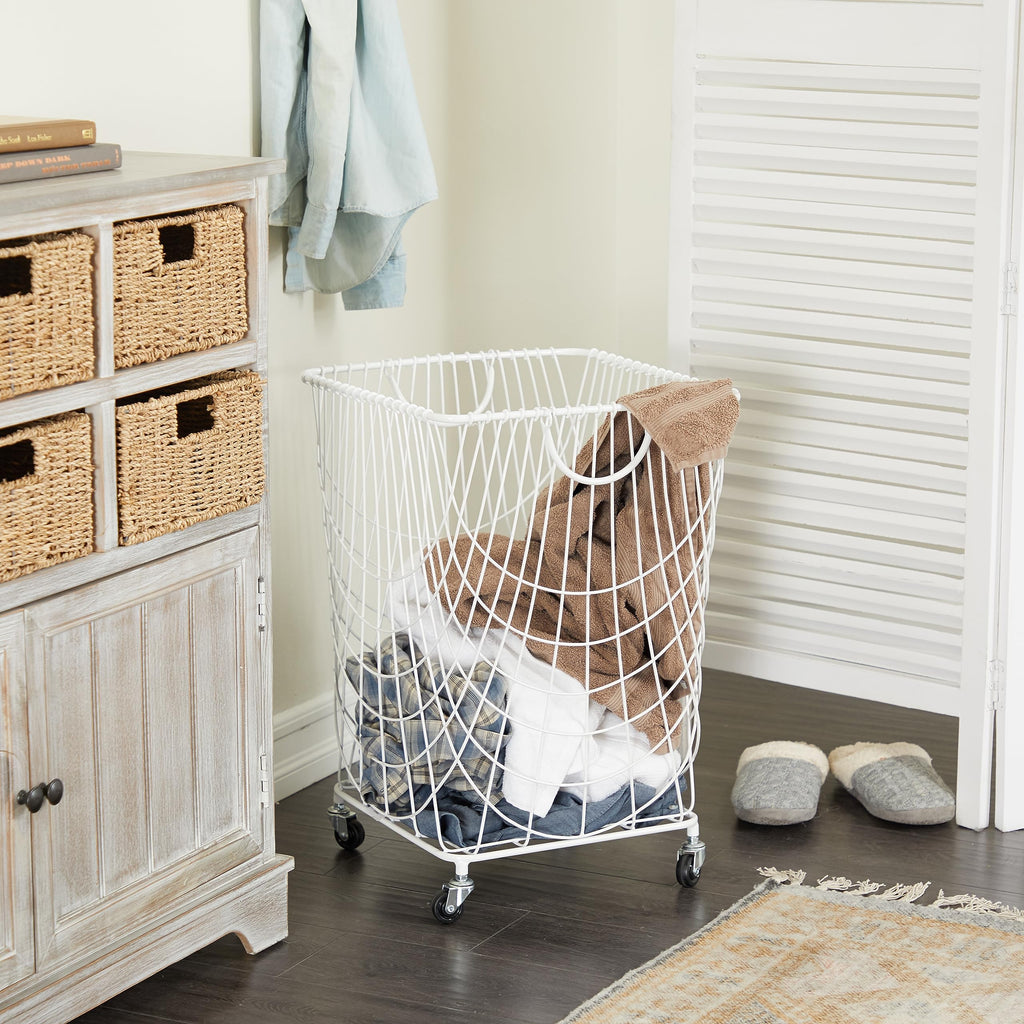 Metal Storage Cart Deep Set Mesh Rolling Laundry Basket, 17" x 17" x 24", White