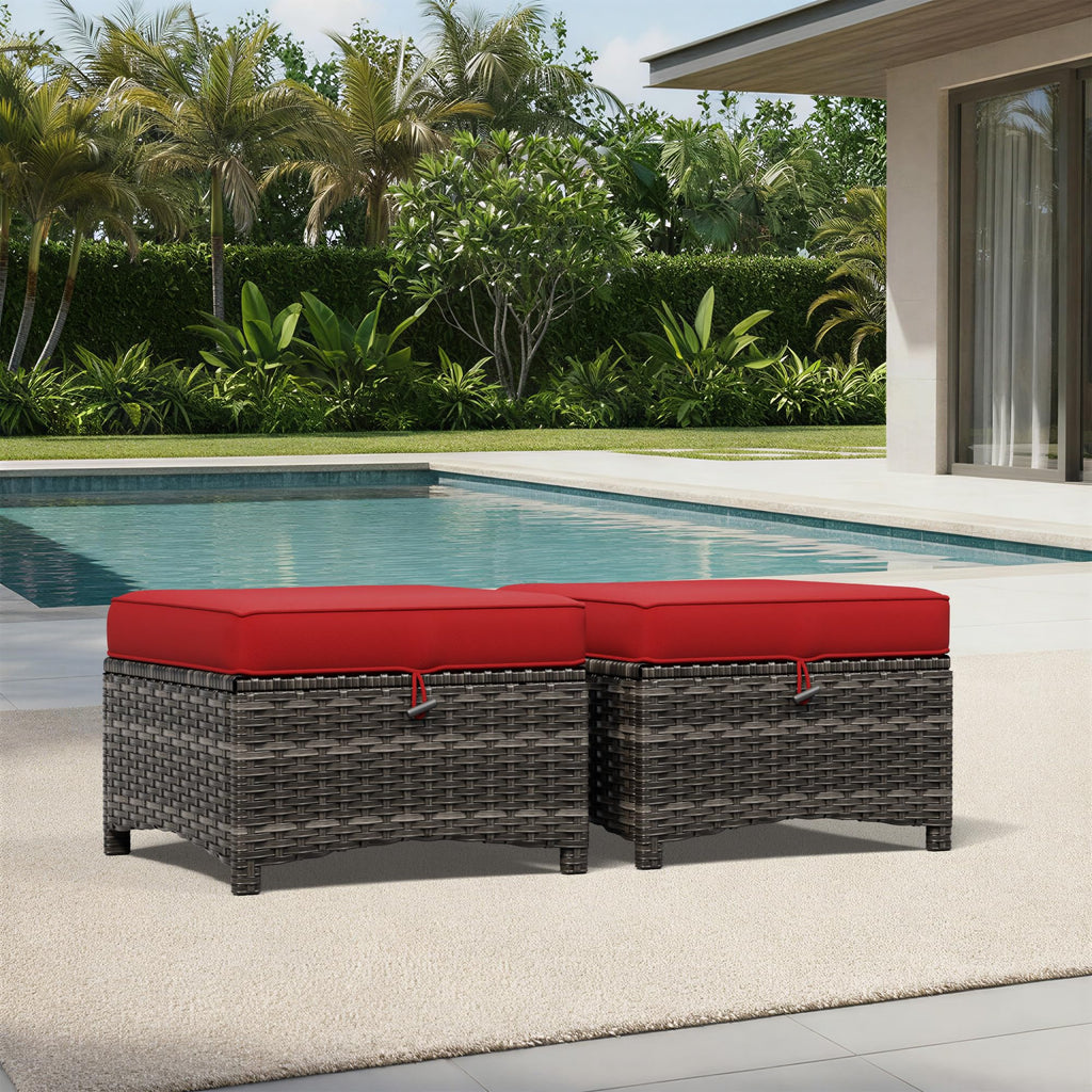 Outdoor Ottoman Set of 2, Patio Large Ottoman Foot Rest with Thickened Cushions, Outdoor Wicker Foot Stool for Porch
