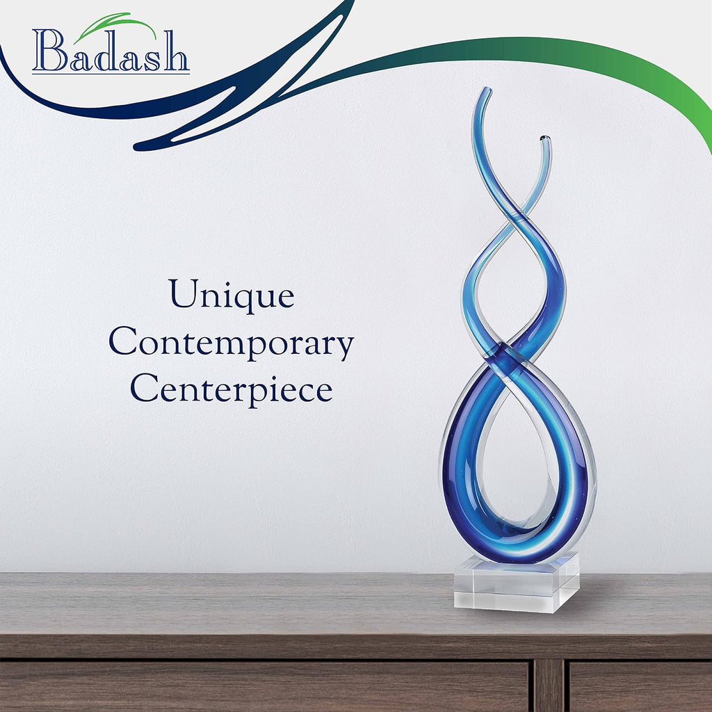 Blue Murano-Style Glass Sculpture - 9'' Wave Art on Crystal Base - Home Decor