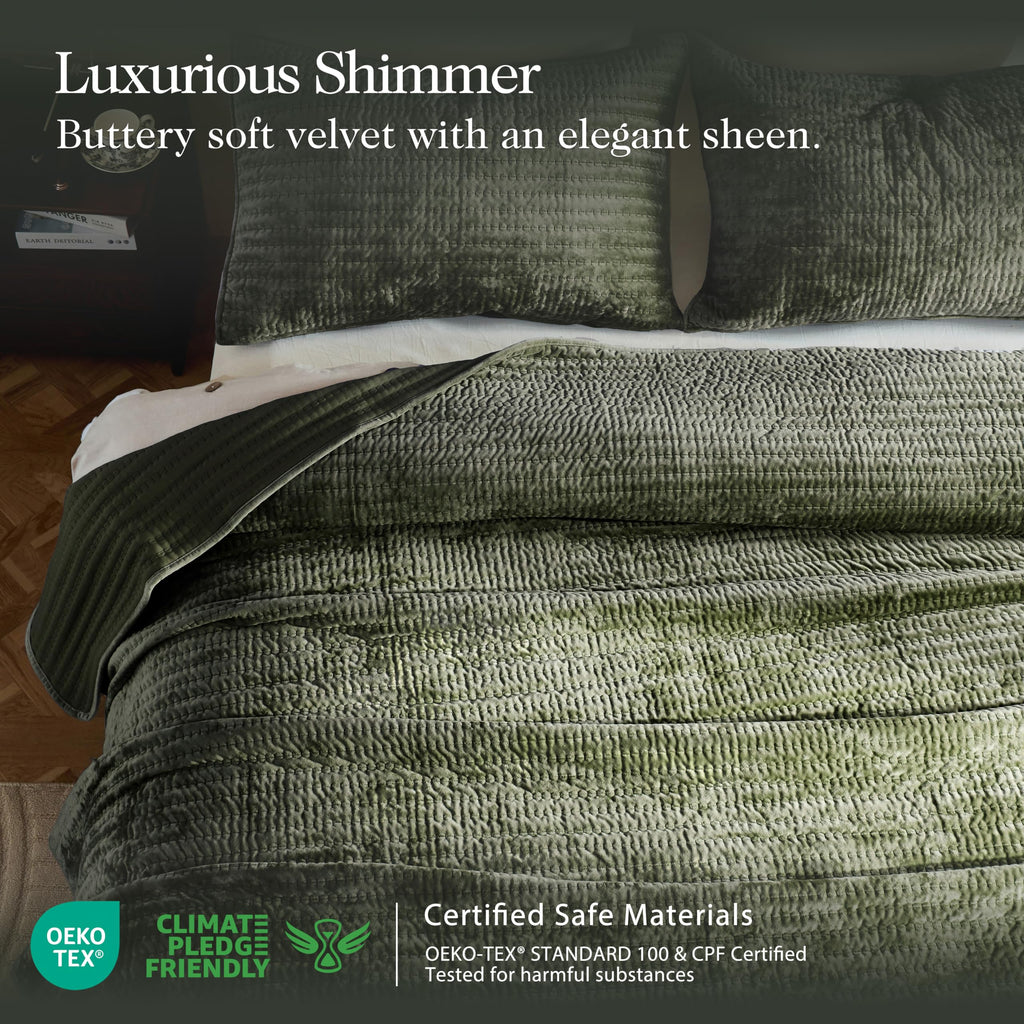 Velvet California Oversized Quilt Set - Olive Green Striped Pick Stitch Soft Lightweight Bedspread