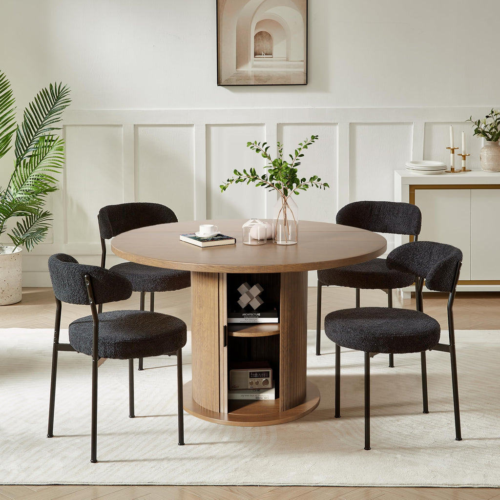Black Boucle Set of 4, Kitchen Dining Room Chairs Curved Backrest Upholstered Mid Century Modern Chairs with Black
