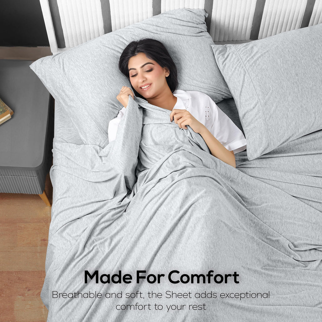 Jersey Knit Sheets 4 Piece, Cotton T-Shirt Feel, Heather Light Grey