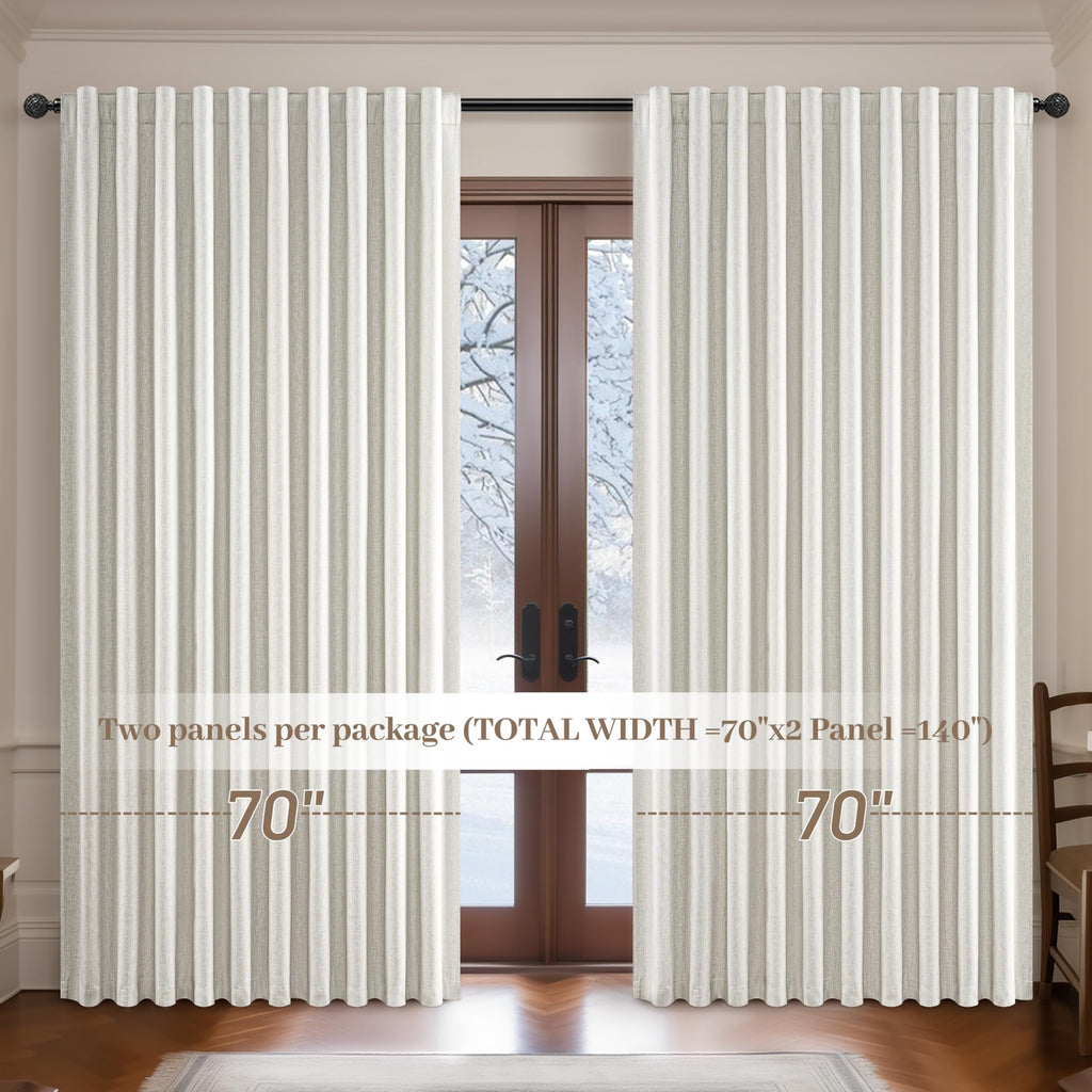 Butter Cream Extra Wide 70 Floor to Ceiling Blackout Curtains, Linen Blend Pleated Farmhouse Drapes Rod Pocket