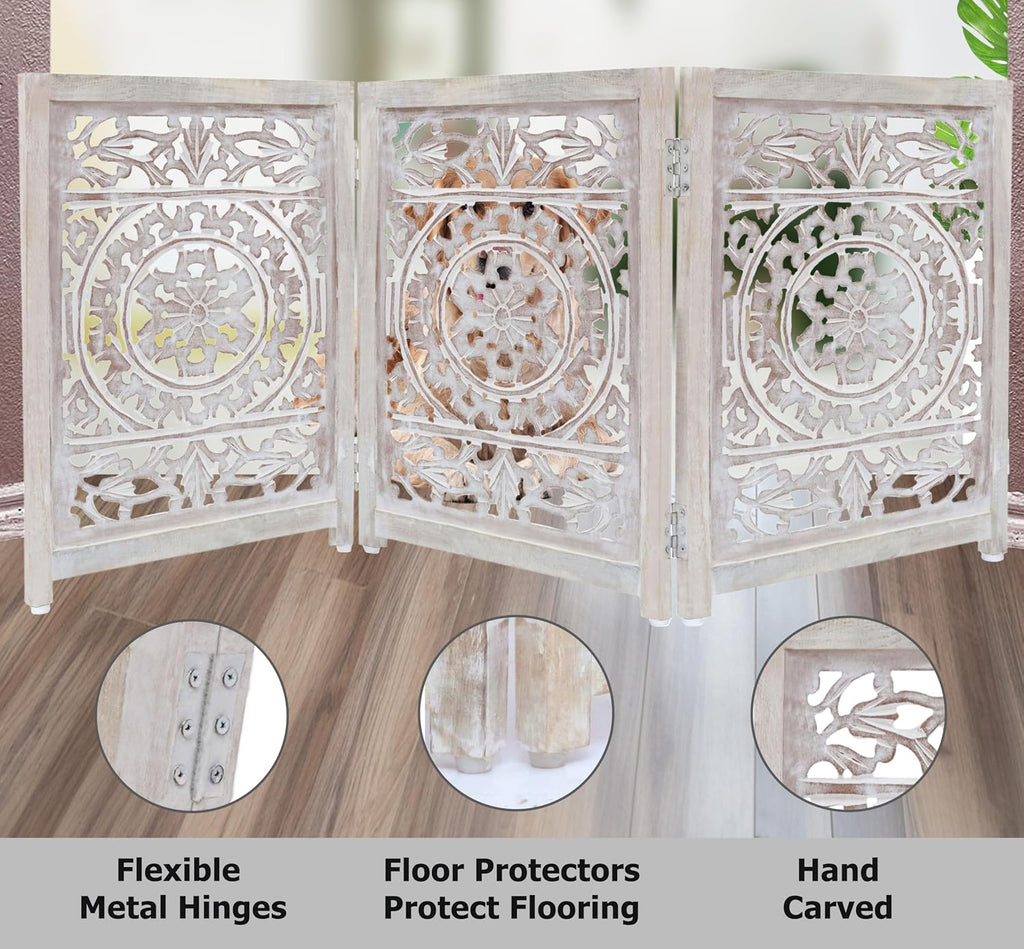 Wooden Foldable Pet Dog Gate - Hand Carved 3-Panel 60 W x 24 H