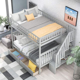 Full Over Full Bunk Beds with Stairs Stairway Bunk Bed Frame with Storage Shelves for Kids Teens Adult