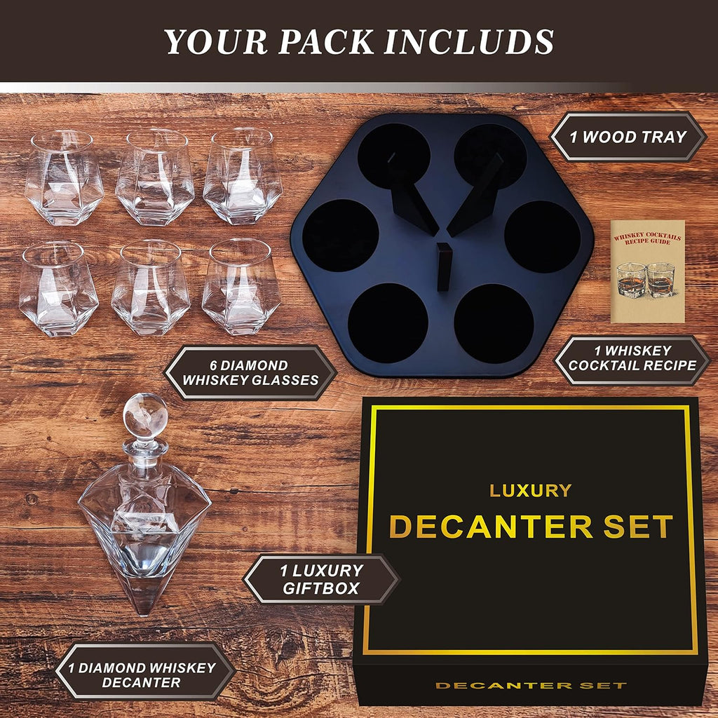 6-Glasses Diamond Whiskey Decanter Set Tequila Liquor Decanter Sets for Men - Set of 9