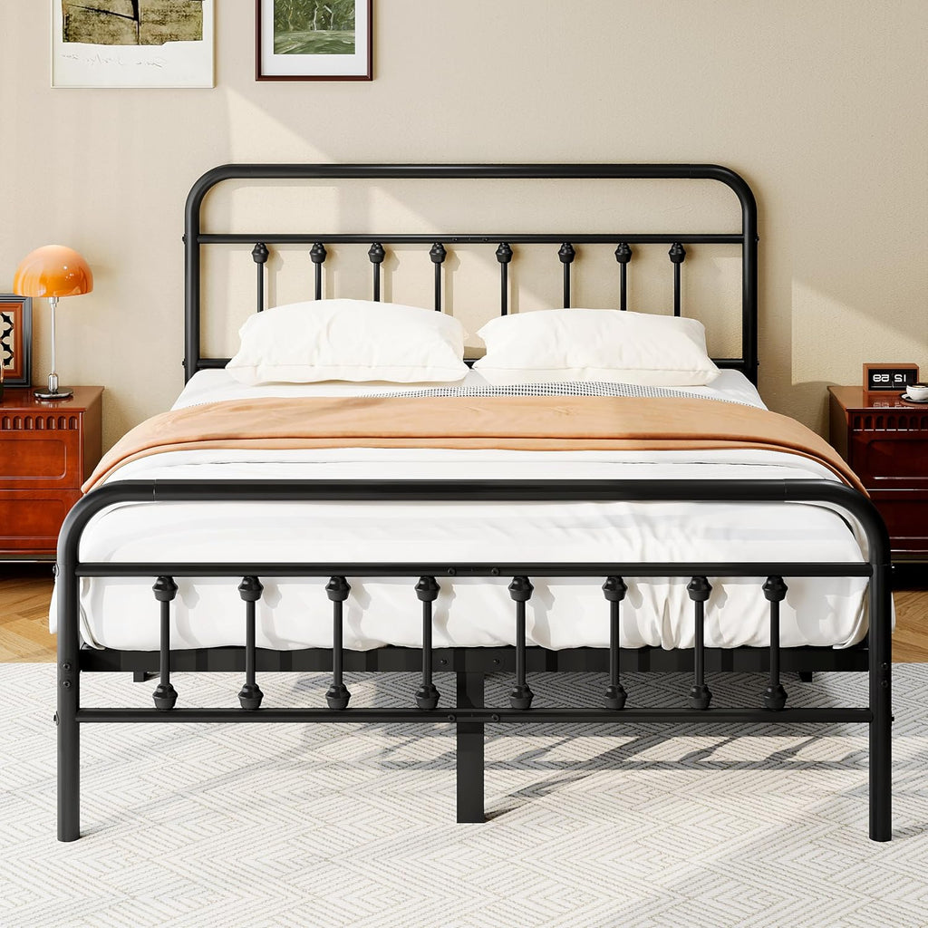 King Metal Platform Bed Frame/Victorian Style Headboard and Footboard/Steel Slat Support/Easy Assembly/No Box Spring