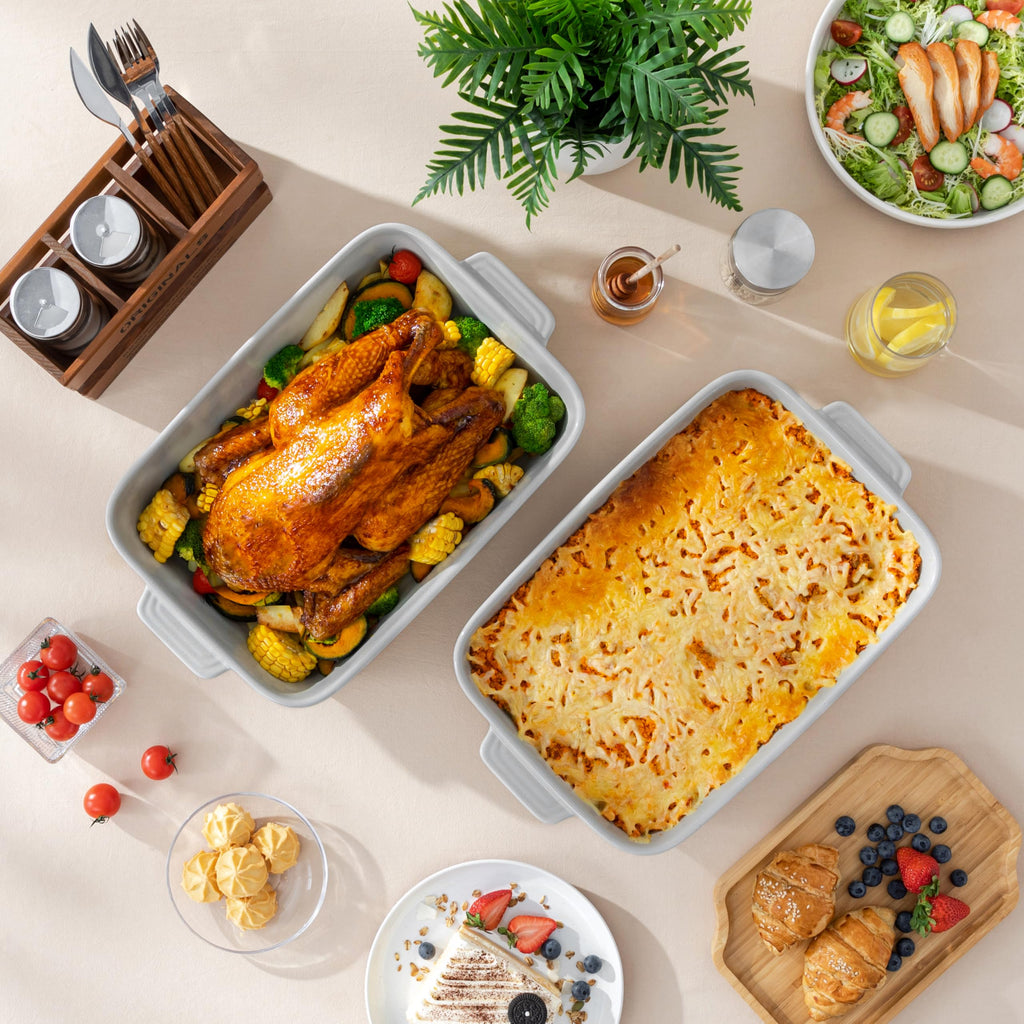 Large 9x13 Ceramic Baking Dish with Handles, 4.8 Qt, Khaki & Grey