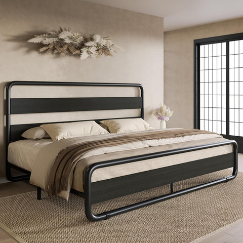 King Metal Bed Frame with Wooden Headboard and Footboard, Heavy Duty Platform Bed Frame with 10" Under-Bed Storage