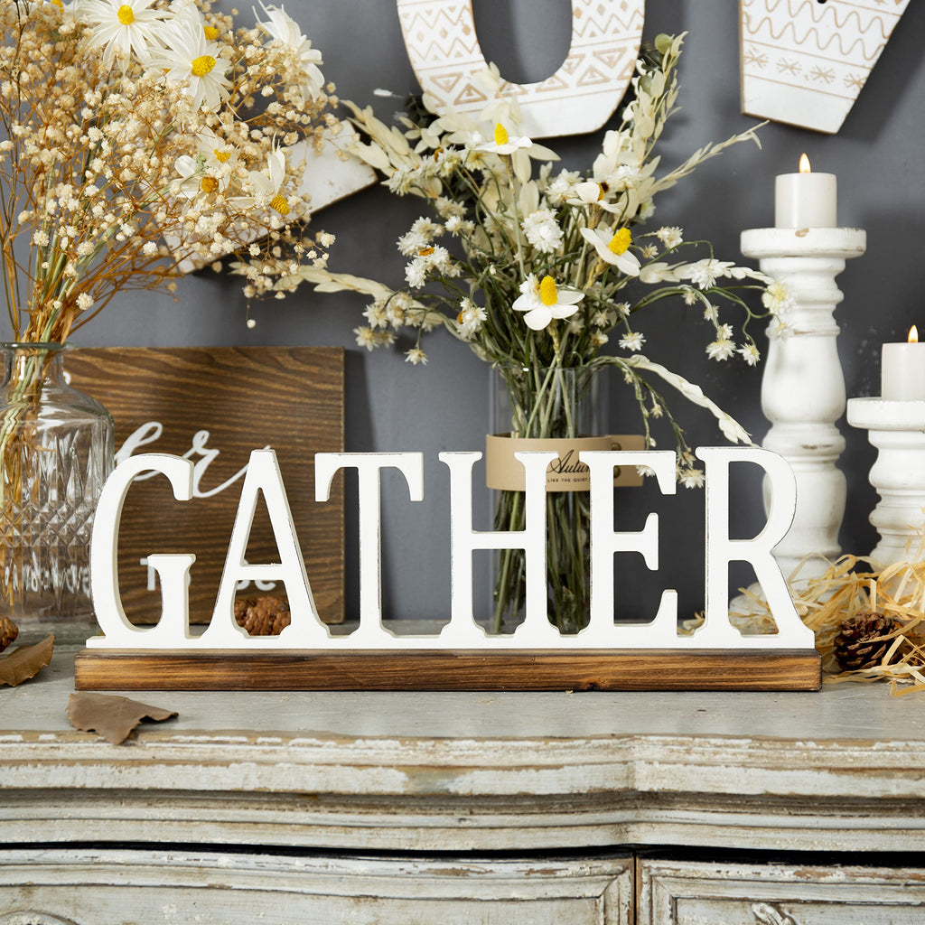 Rustic Wooden Gather Signs Decor 16", Distressed White