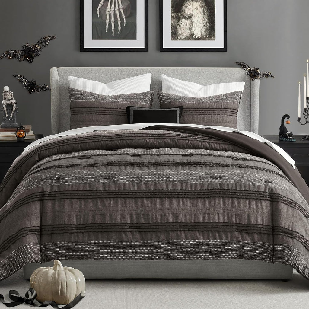 Wonderful Dark Grey Comforter Set King, Yarn Dyed Farmhouse Striped Cotton Lightweight Boho Comforter with Pillow