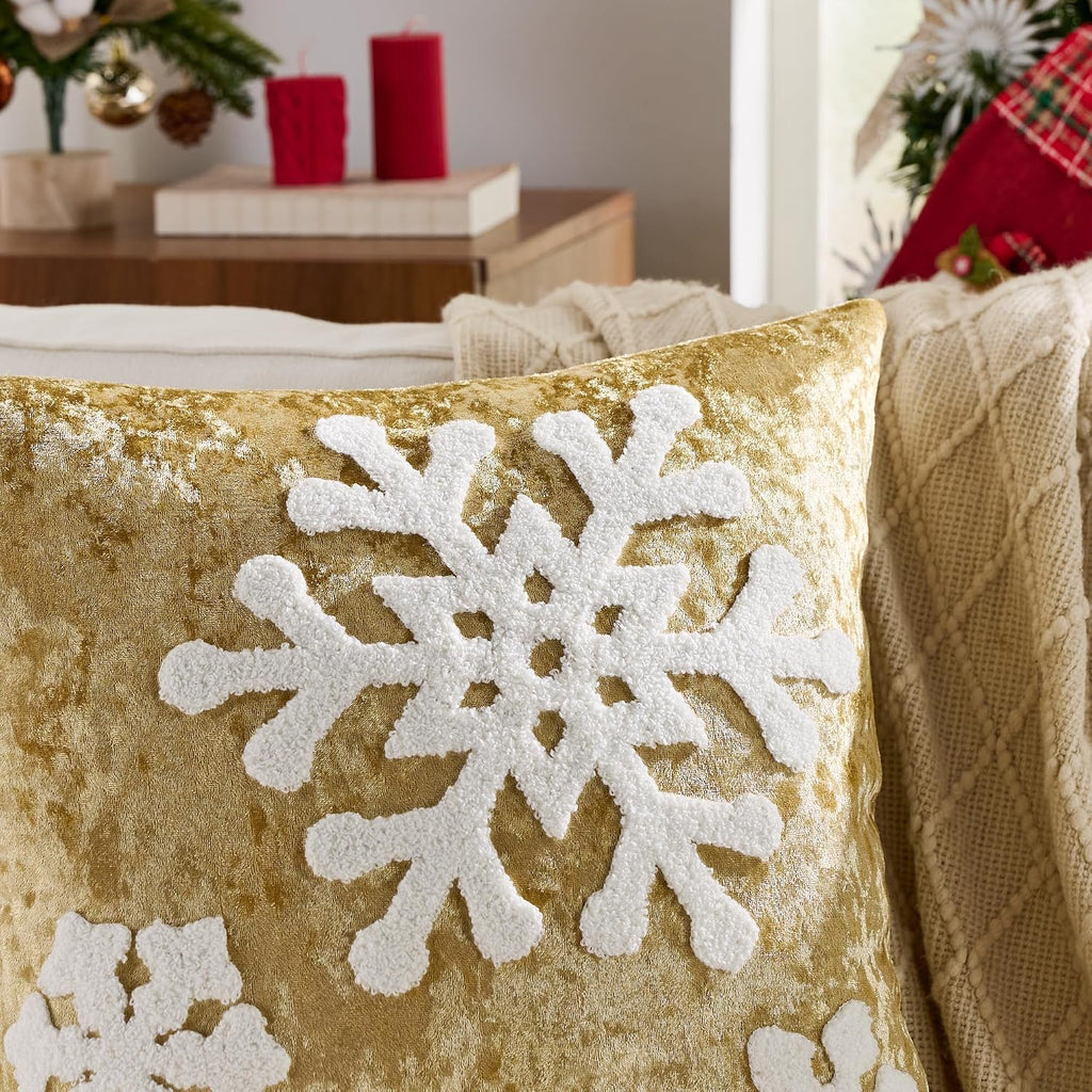 Christmas Snowflake Throw Pillow Covers 18x18 Winter Holiday Decorative Gold Embroidered Luxurious Velvet - Set of 2