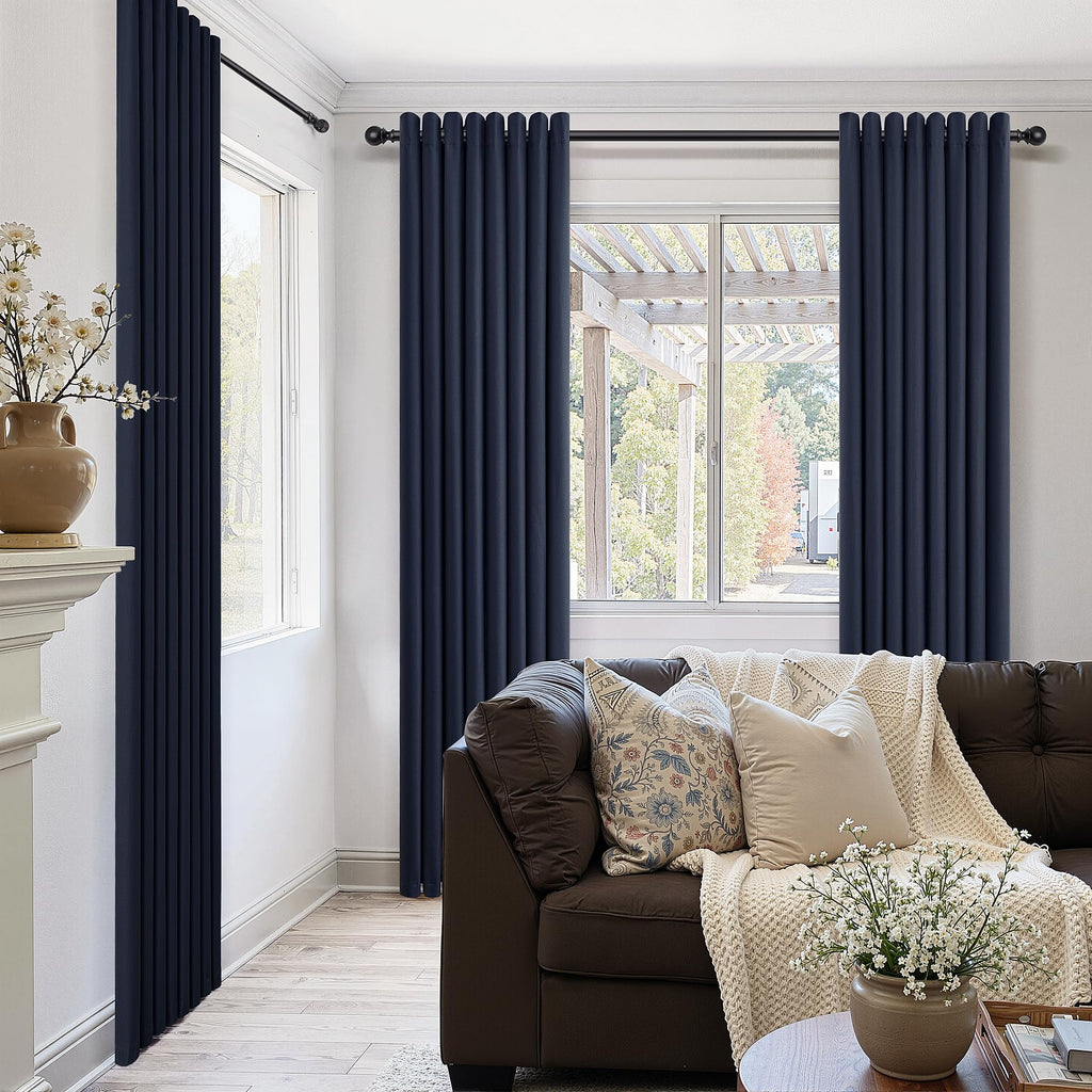Navy Blue Linen Grommet Blackout Curtains 90 Inch Long