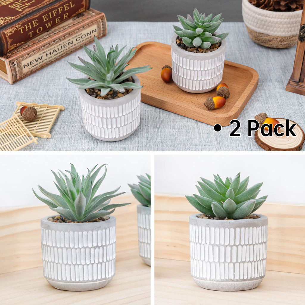 2 Pack Fake Succulents in Striped Ceramic Pots for Shelf Decor