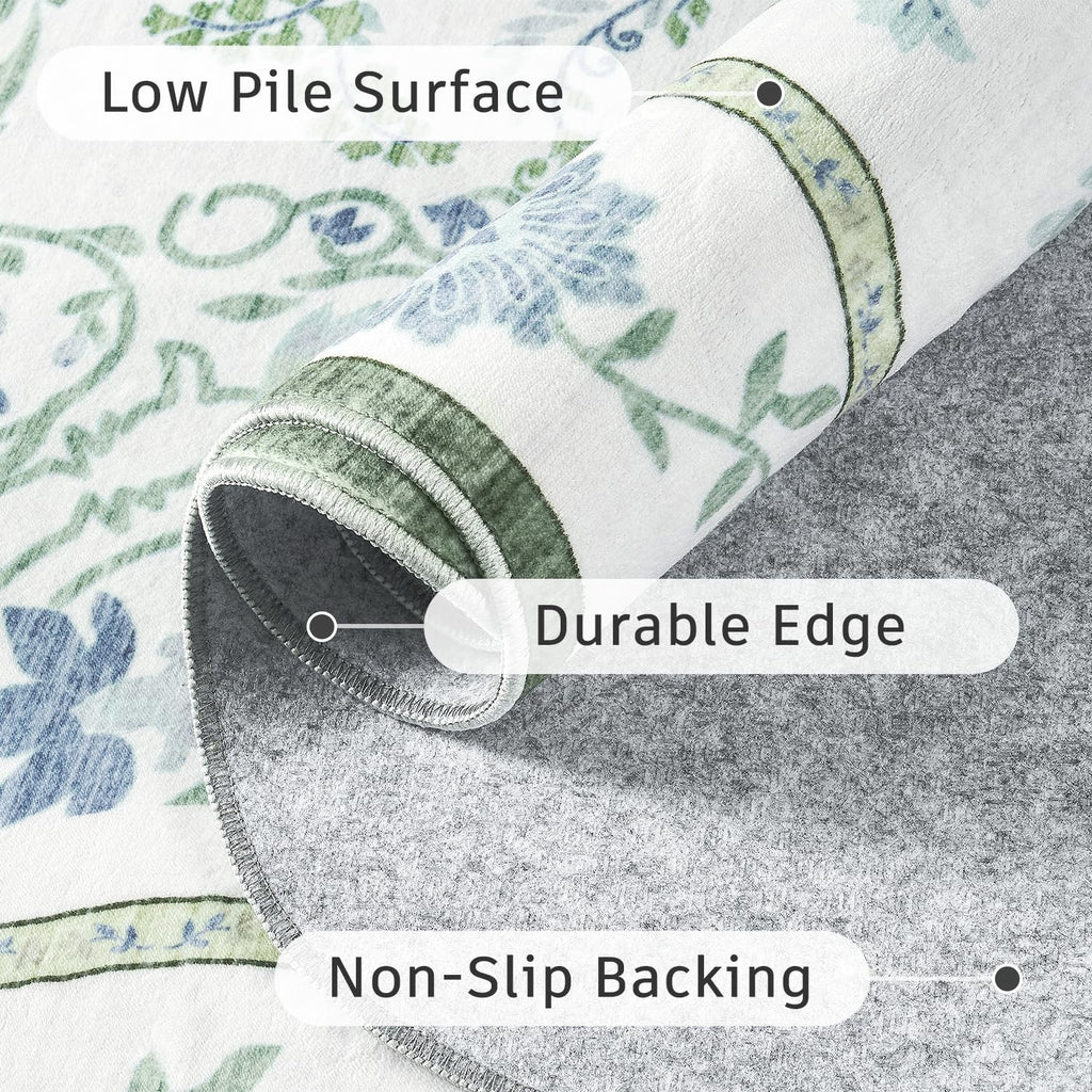 Blue and Green 2x6 Runner Rug, Washable Botanical Scalloped Rug