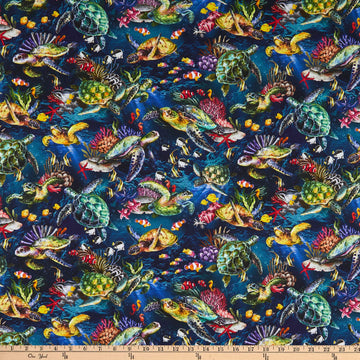 The Reef Digital Sea Turtle Master Dark Blue, Quilting Fabric by the Yard