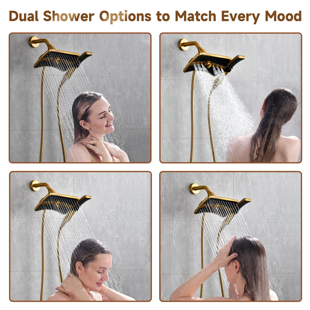 Dual Shower Head with Handheld, High Pressure Rainfall Shower Head Combo, 60-Inch Stainless Steel Hose, Brushed Gold