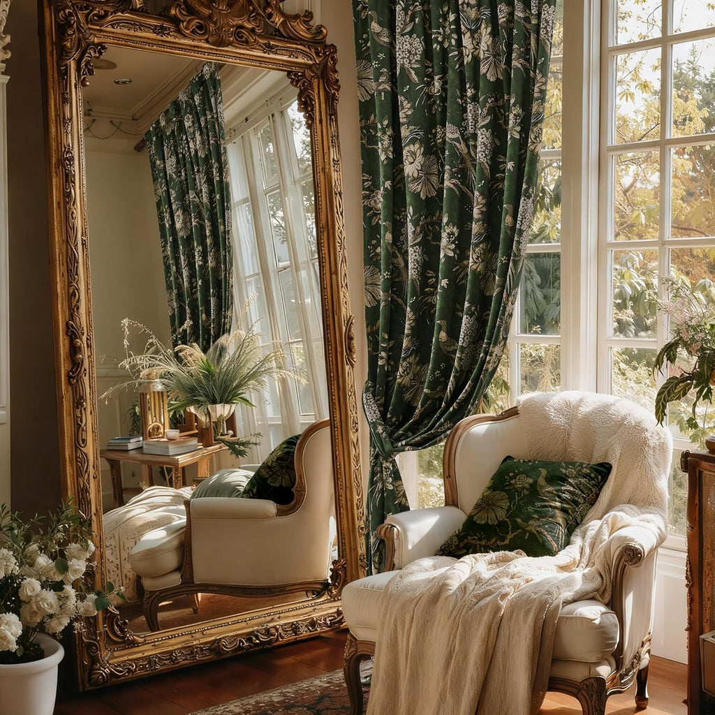 Green Printed Velvet Curtains,Retro Luxury Floral Peacock Pattern Super Soft Durable Fabric Room Darkening Privacy