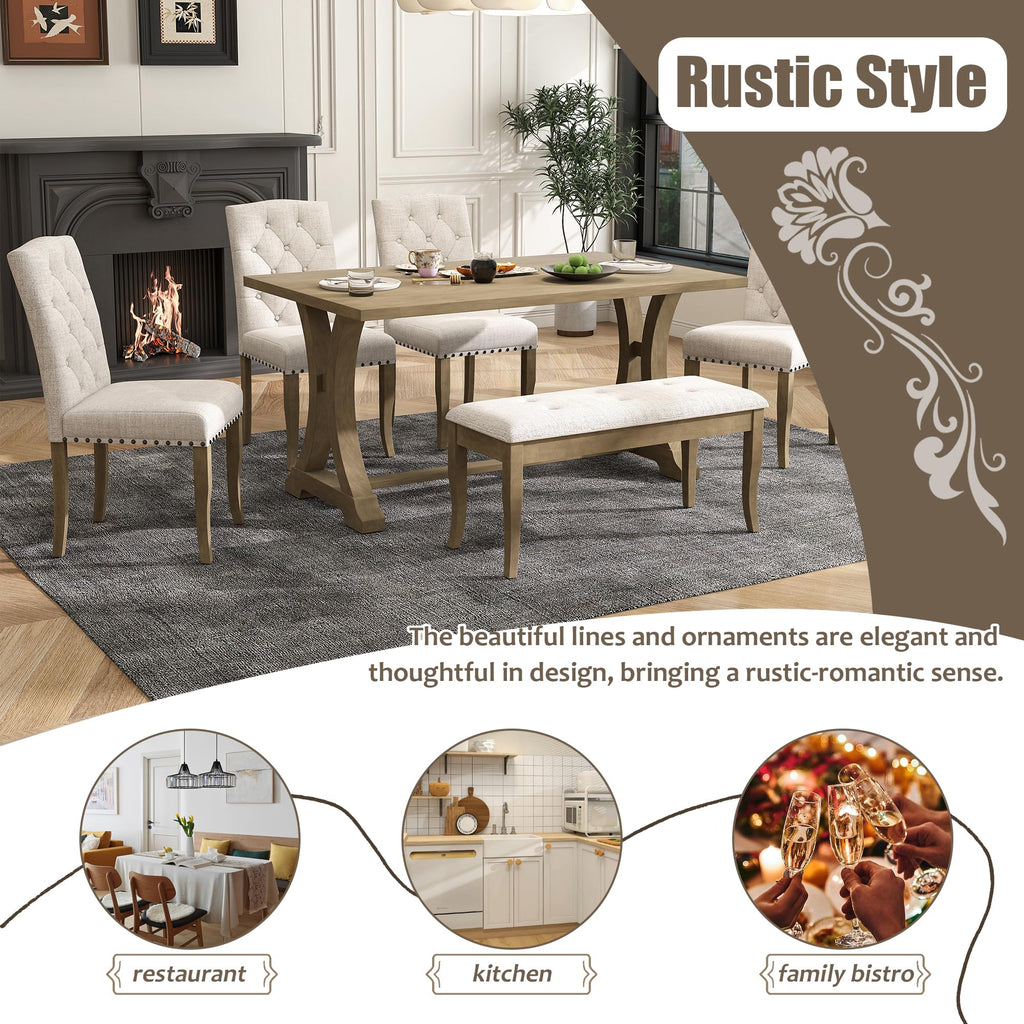Farmhouse Dining Table Set for 6, Dining Table with Bench and Chairs, 6 Piece Kitchen Table Set Solid Wood Dining