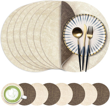Placemats, 13" Round Reversible Faux Leather with Coasters - Set of 8