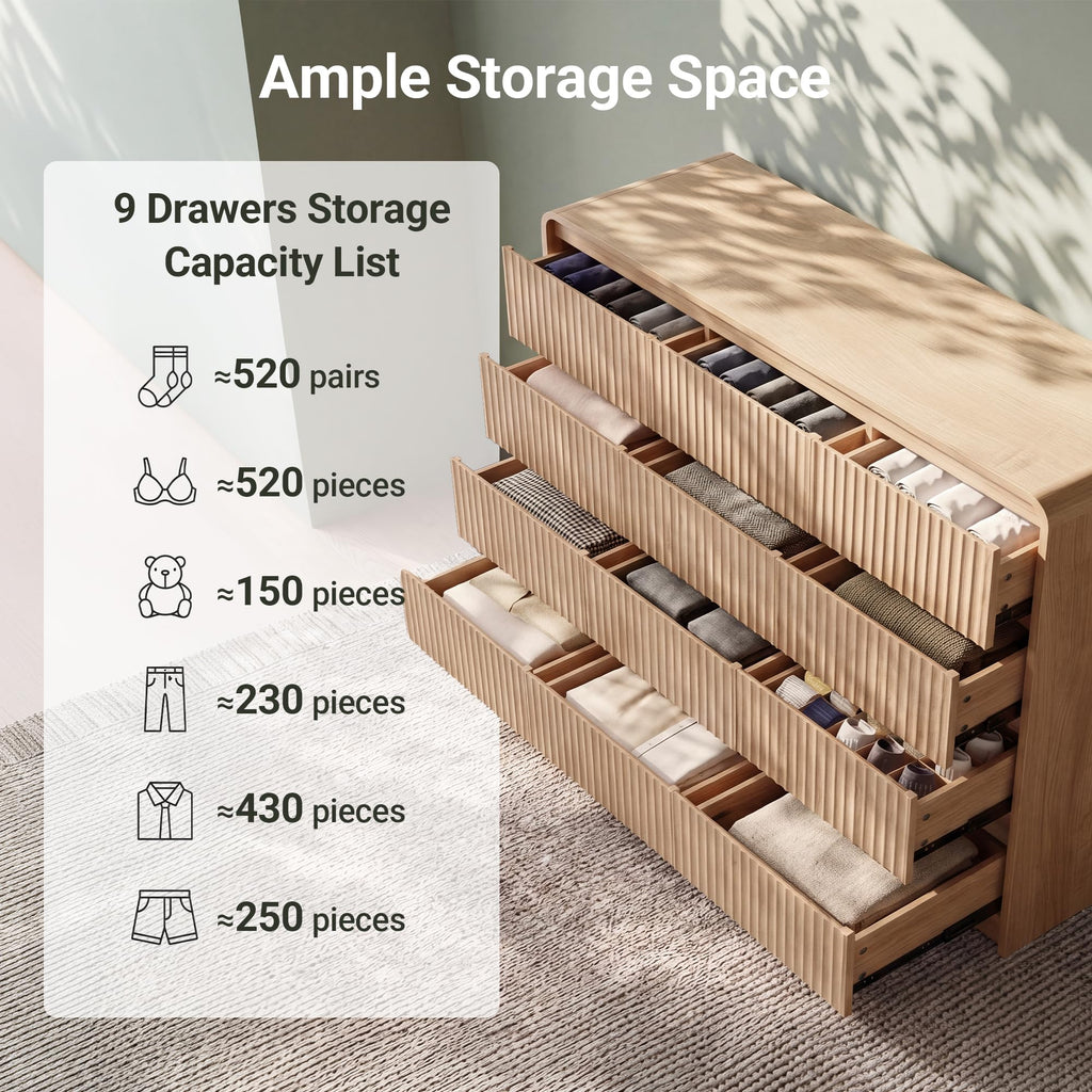 9 Drawer Dresser, 55" Wide Wooden Dresser Chest of Drawers, Curved Anti-Collision & Anti-Tipping Design, Mid Century