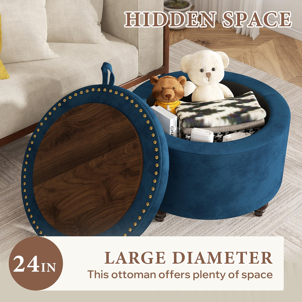 24 Inch Round Storage Ottoman, Modern Tufted Ottomans, Circular Coffee Table with Removable Top, Upholstered Large