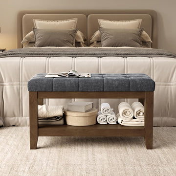 Solid Rubber Wood Shoe Bench, Soft Chenille Material Upholstered Seat, 770LB Load Capacity, Multi-Storage