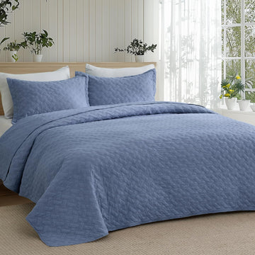 Quilts King - Lightweight Bedspreads King with Basket Weave Pattern, Soft Quilt Bedding Set, Mineral Blue Comforter