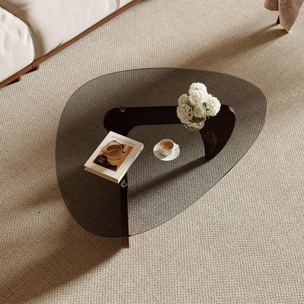 Modern Coffee Table and Small Spaces, 35.6" x 25.4" x 15.8" Triangle Tempered Glass Table Top and Solid Wood Base