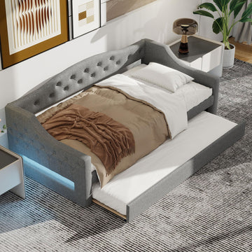 Twin XL Upholstered Daybed with LED Lights, Corner Daybed Frame with Trundle, Linen, Gray