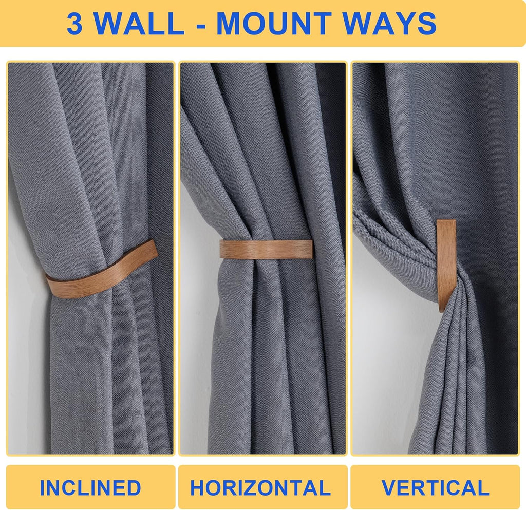 Light Brown Wood Grain Curtain Holdbacks,Solid Aluminum Wall Mounted Curtain Tiebacks & Hooks,U Shape Curtain Holders