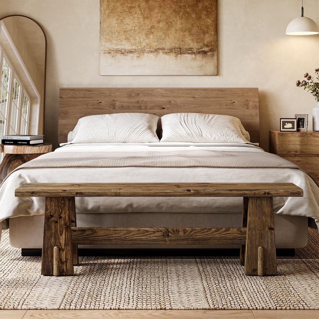 59" Solid Wood Bench, Farmhouse Entryway Bench, Long Retro Bench for End of Bed, Dining Room, Entryway, Hallway