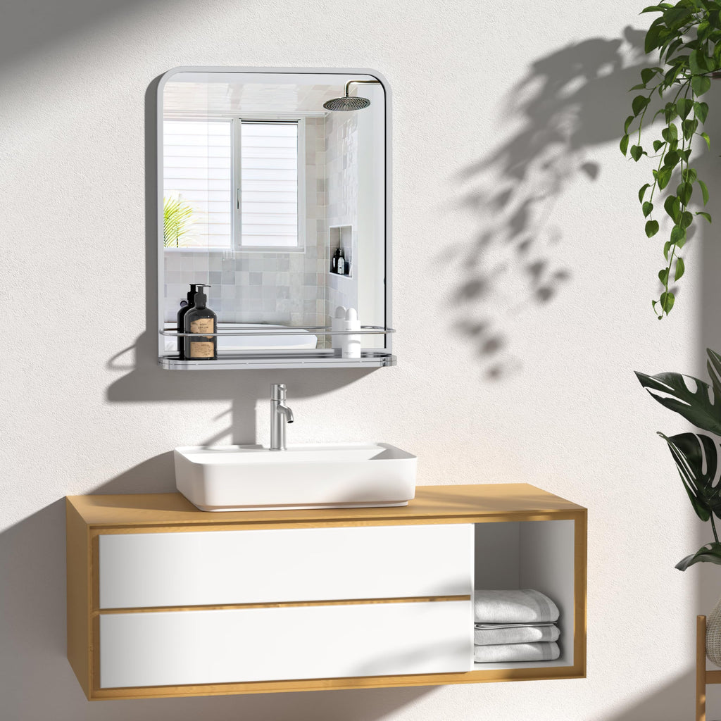 Sliver Bathroom Mirror with Shelf Vanity Mirror,Rectangle Metal Framed Rounded Corner Wall Mirror Living