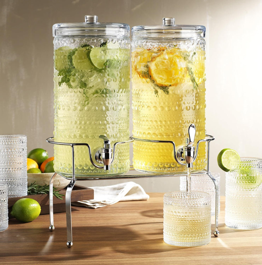 Gallon for Parties, Hobnail Drink Dispenser, Beverage Dispenser with Stand and Glass Lid, 100% Leakproof - Set of 2
