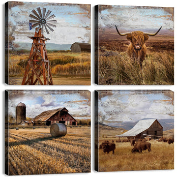 Highland Cow Wall Art Farmhouse Kitchen Decor Western Decor Rustic Windmill Barn Canvas Prints Pictures Retro Country