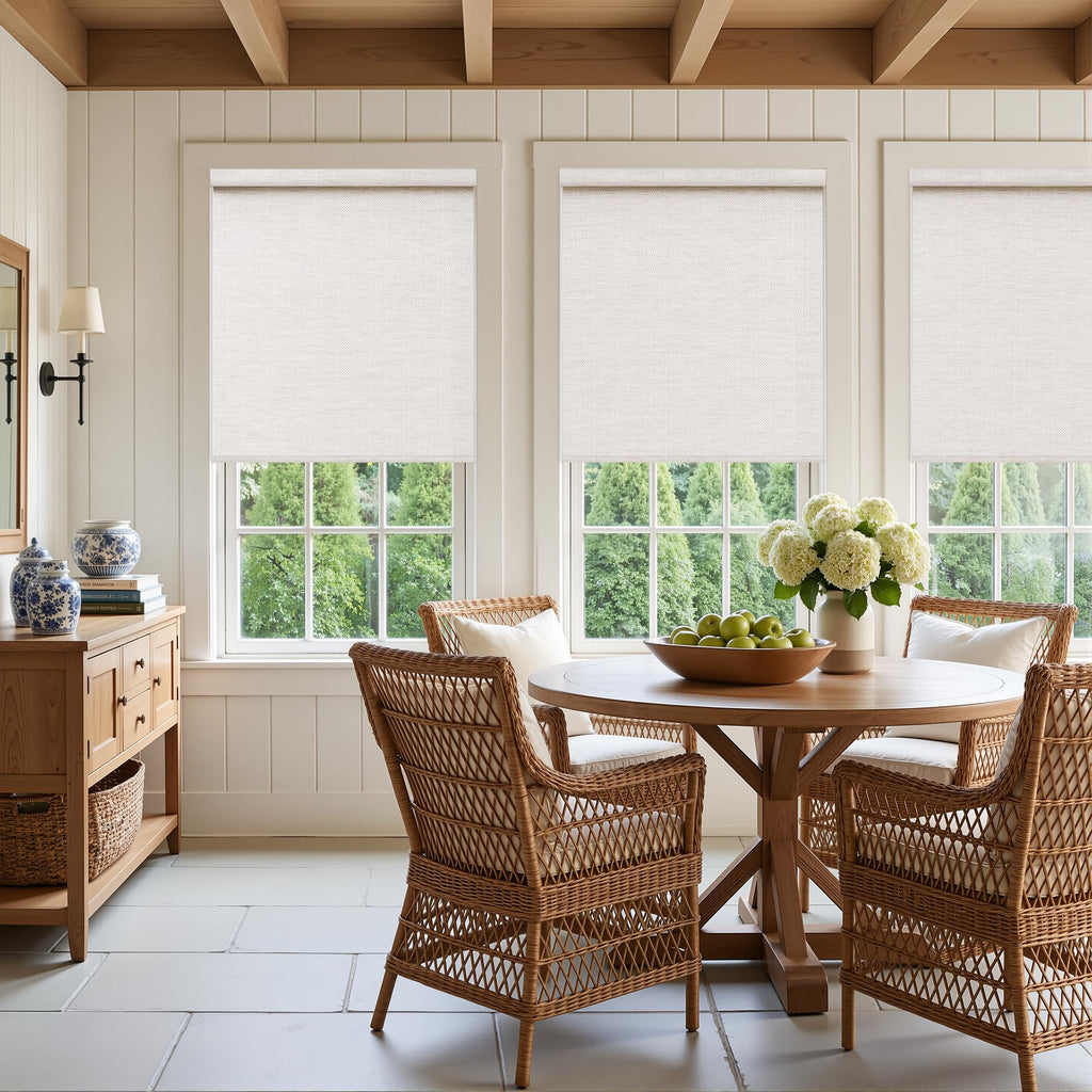 Beige White Textured Linen Semi Sheer Cordless Roller Shades