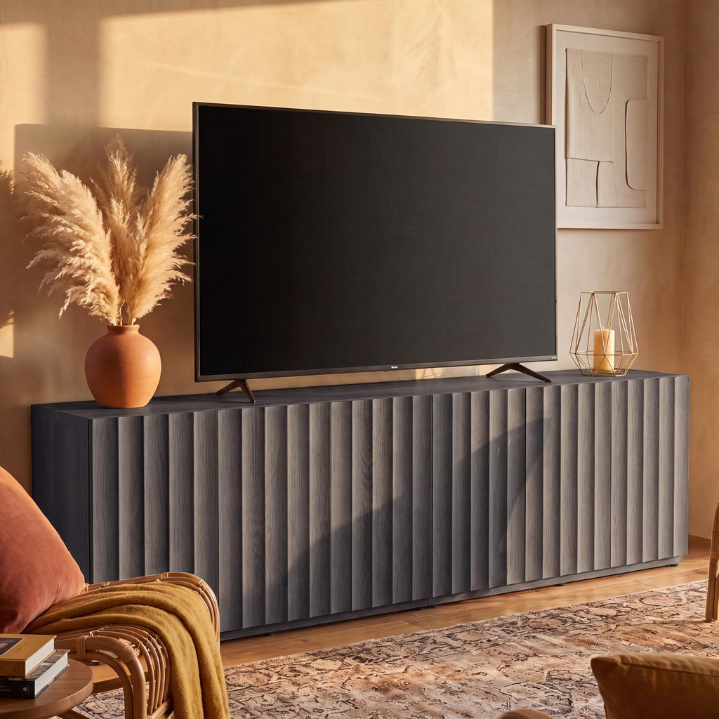 46.96" TV Stand, Fluted Mid-Century Modern 3 Doors, Charcoal Oak