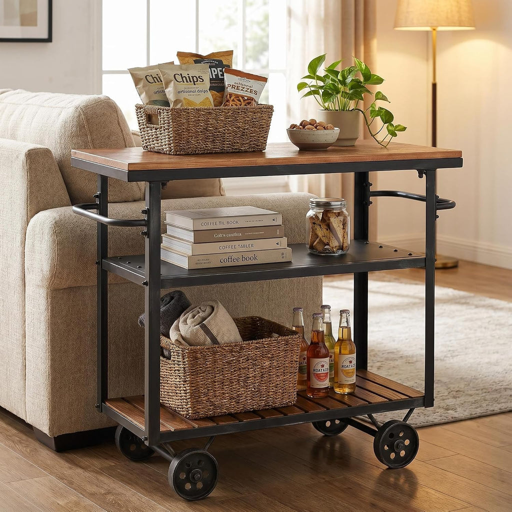 Industrial 3 Tier Rolling Utility Storage Cart Wine Beverage, Metal Wine Rack with Wheels Kitchen Bar Dining Room Tea
