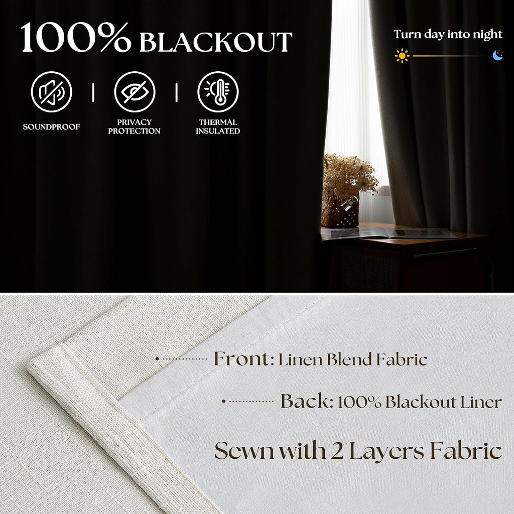 92 Inch Pinch Pleated 100% Blackout Linen Curtains for Bedroom 50 Inch Wide 2 Panels Double Layer Natural Pleat