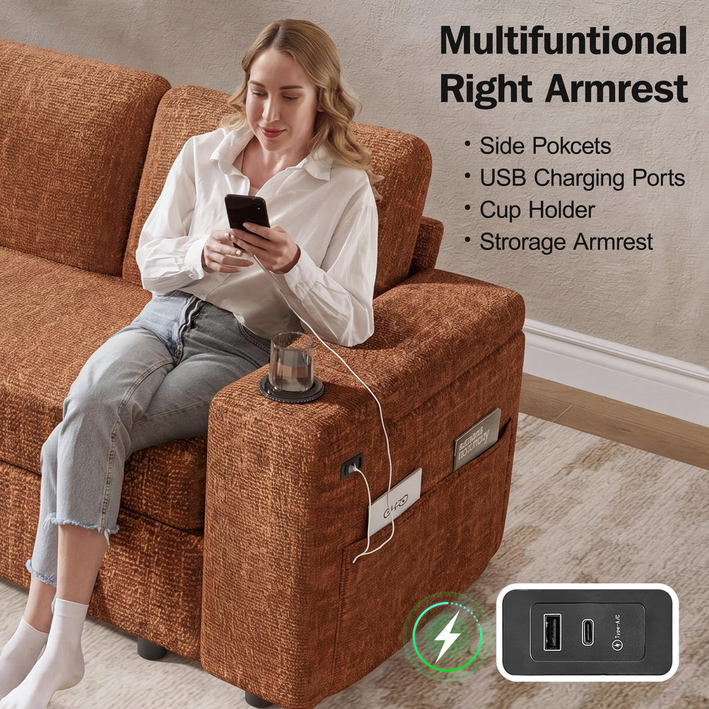 111" Modular Sectional Sleeper Sofa with Pull Out Bed, 8 Seat Chenille U Shaped Couch with USB Ports|Cup Holders|Side