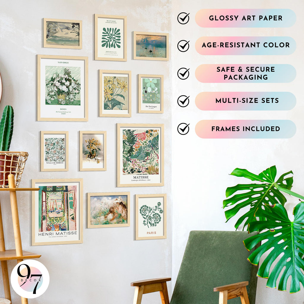 Sage Green Boho Framed Wall Art, 12 Pcs Prints, Beige Frame
