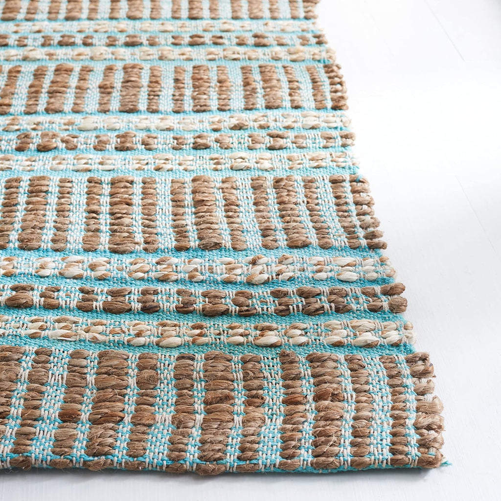 Area Rug 8x10 - Natural Fiber Collection - Large - Teal & Natural, Handmade Jute & Cotton Flat Weave, Stripe Pattern