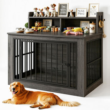 Extra Large Dog Crate Furniture, 43.3 inches Wooden Dog Crate with Storage and 4 Hooks